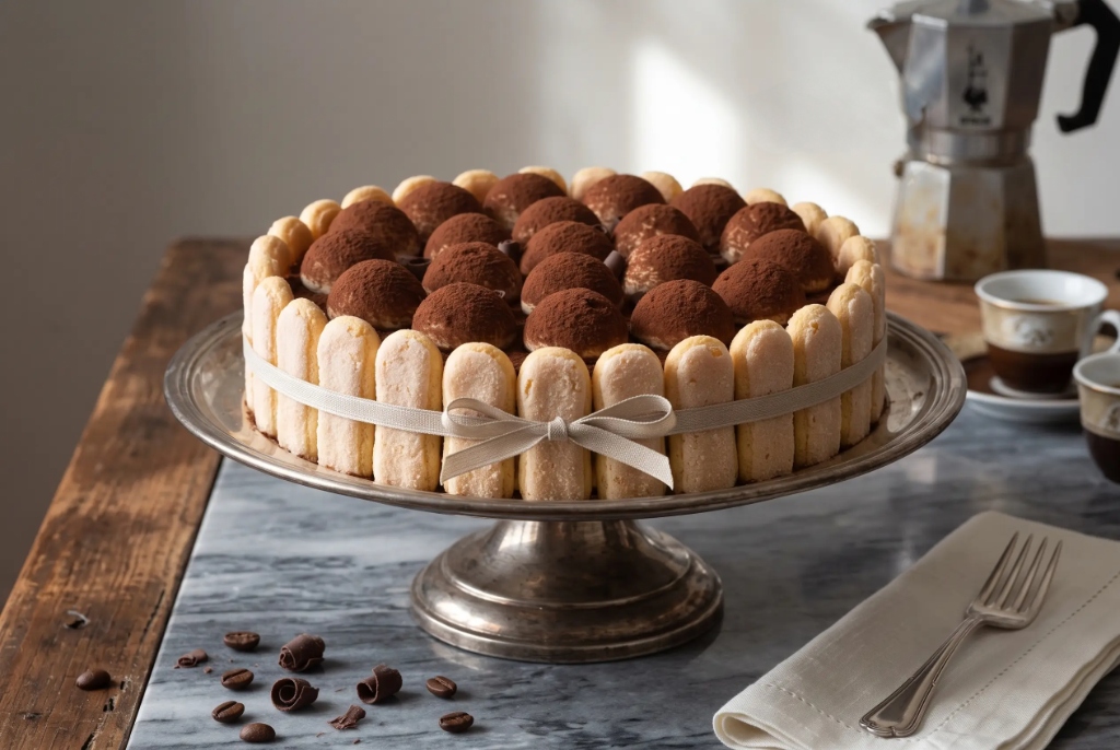 Maggie's Classico Celebration Tiramisù Cake on Silver Pedestal Stand