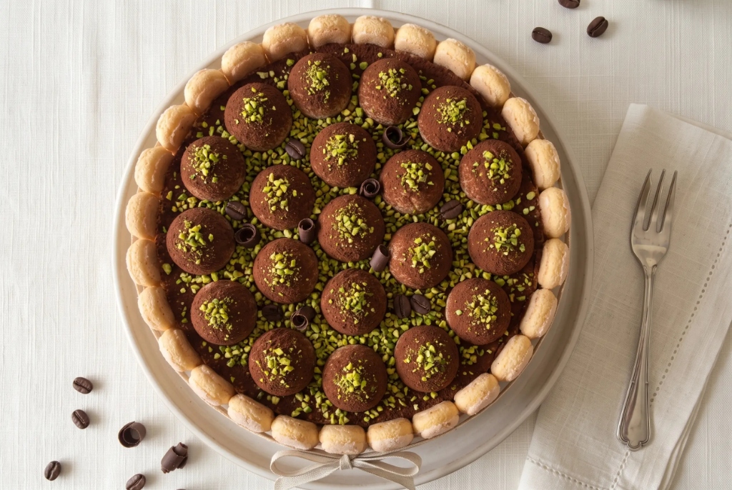 Maggie's Pistacchio Bronte Celebration Tiramisù Cake Overhead Flatlay