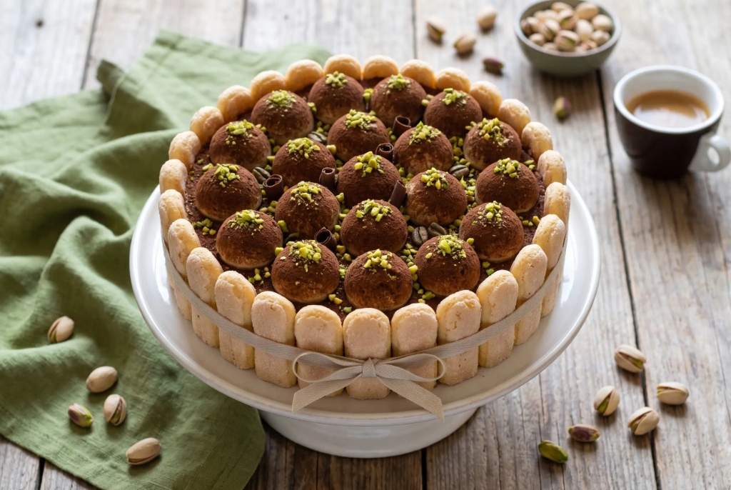 Maggie's Pistacchio Bronte Celebration Tiramisù Cake on Silver Stand