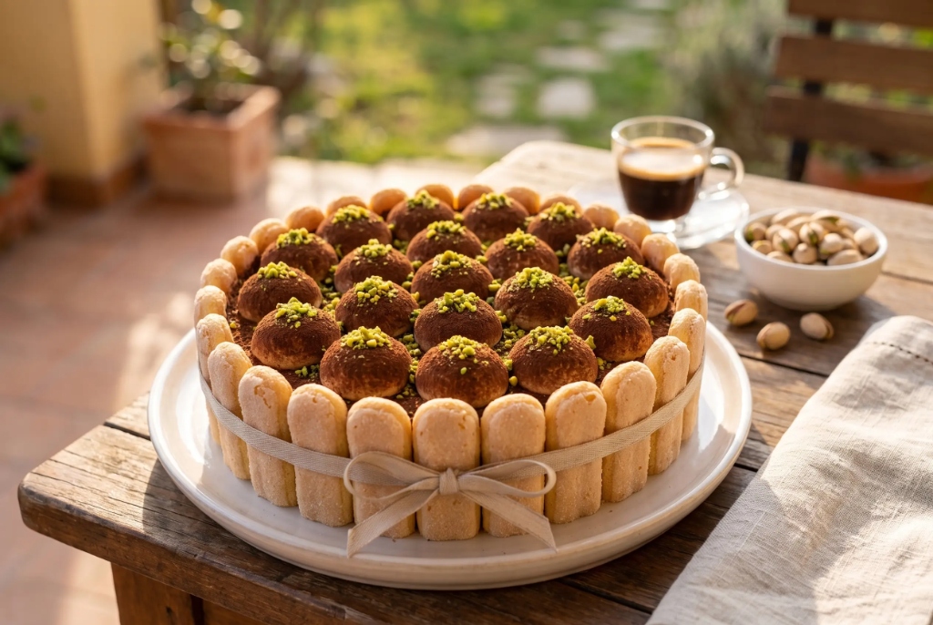 Maggie's Pistacchio Bronte Celebration Tiramisù Cake on Patio Table