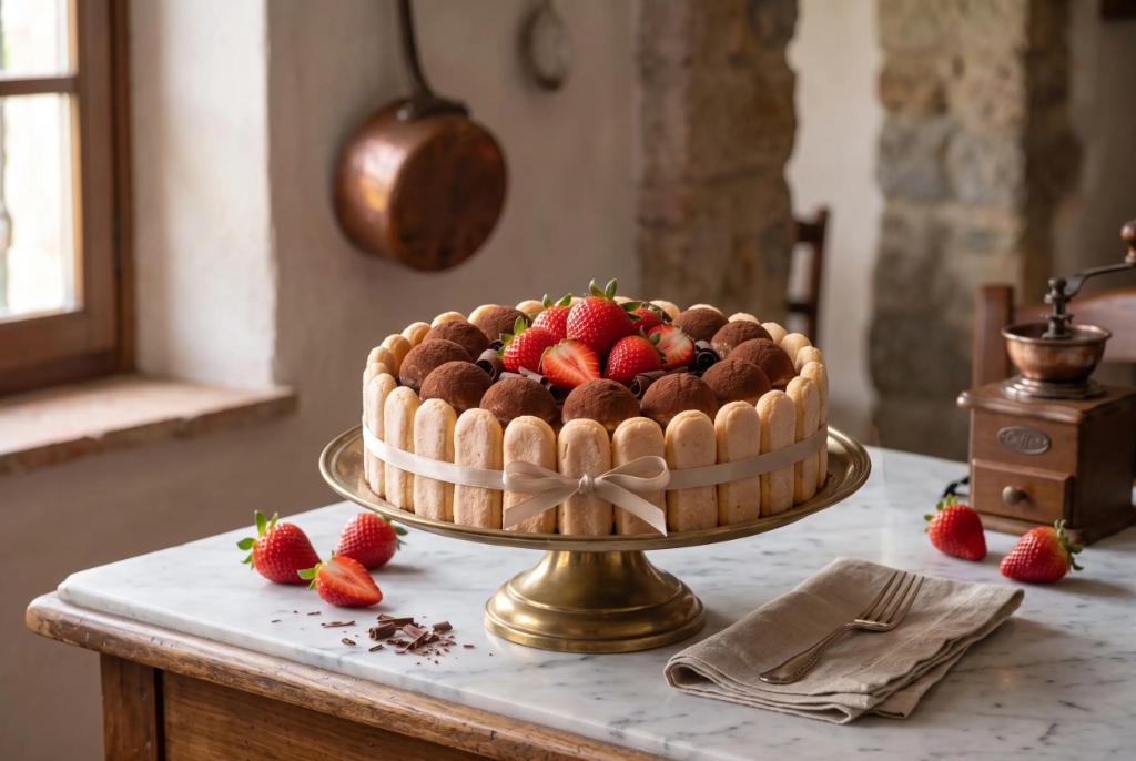 Maggie's Fragola Fresca Celebration Tiramisù Cake on Marble Counter with Vintage Grinder