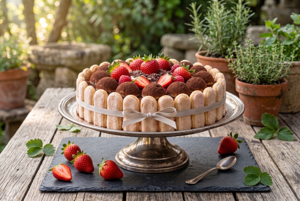 Maggie's Fragola Fresca Celebration Tiramisù Cake on Silver Stand in Garden